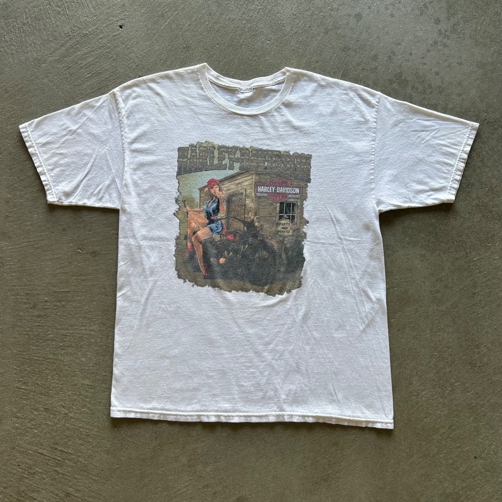 Vintage Harley Davidson Shirt Size XL White South‎ Haven Mississippi Pin Up Girl